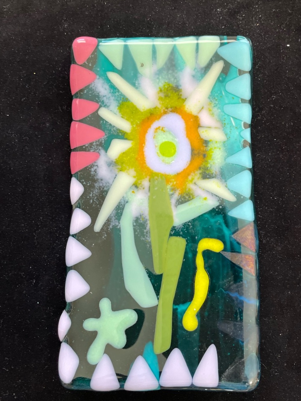 “In Bloom“  Fused Art Glass  Art Handmade 8”x4.5”Rectangular Tray Aqua Original